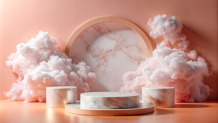 Pastel colours 3d podium for cosmetic products showcase. 3d background for branding and product presentation. Big arch window with marble background, clouds  and podium, pedestal, round stage.