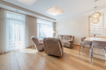 Modern Home Living Room Interior. Luxurious Stylish Modern Apartment. Open Interior, Stylish Sofa, Kitche Table. Windows and Curtains.
