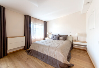 Luxurious master bedroom interior, modern house, beautiful interiors, wide bedroom. King Size Bed