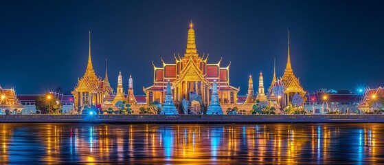 Fototapeta premium AI generator image of Photograph of Wat Phra Kaew, Bangkok, Thailand at night and the fireworks display and the translation drone with lights, very beautiful.Panorama landscape view