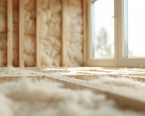 Wooden frame with installed insulation, construction site, energy efficiency, modern materials, detailed view, structural design, high resolution