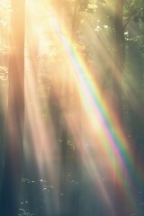 A beautiful rainbow illuminating a flat forest landscape with tall trees and a serene atmosphere, perfect for inspirational and uplifting themes