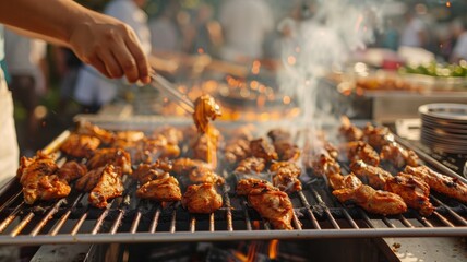 A bustling food festival with a vendor grilling spiced chicken wings over a massive open flame, with enticing smoke drawing in a hungry crowd