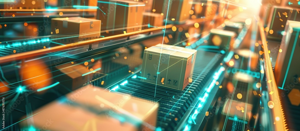 Poster Futuristic warehouse with digital technology and automated package sorting. High-tech logistics and delivery concept.