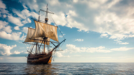 Fototapeta premium Sailing ship sailing at sea, sunny day, calm in the ocean