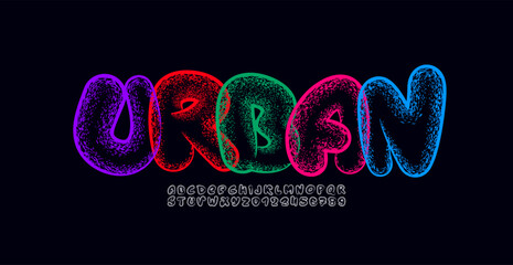 Graffiti spray font, inflated alphabet, street city hand-drawn typeface, brush paint texture letters and numbers made mural style, vector illustration 10EPS