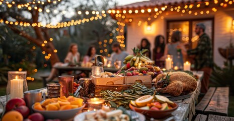 Family and friends gathering outdoors for a festive meal with lights and decorations