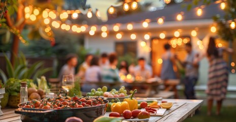 Family gathering at home with festive lights and fresh food on a summer evening