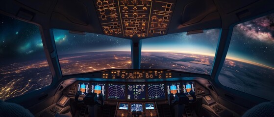 Fototapeta premium AI generator image of view from the cockpit of an airplane, seeing the Milky Way and the Northern Lights, beautiful Aurora