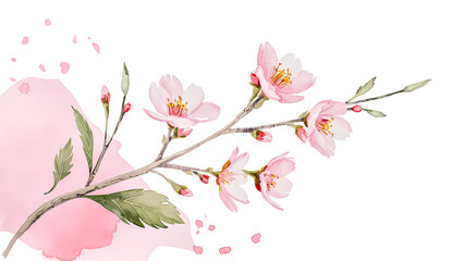 Delicate Watercolor Pink Cherry Blossoms on a Minimalist White Background: Perfect for Spring-themed Decor, Greeting Cards, and Elegant Art Prints