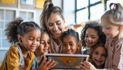 Obraz premium Female teacher using tablet with diverse group of happy children in classroom