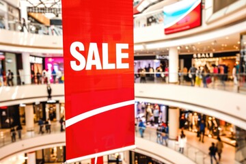 A large red sign with the word SALE hangs from the ceiling of a bustling shopping mall, inviting shoppers to take advantage of the deals