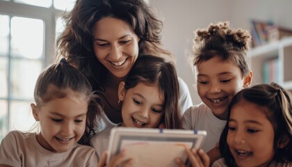 Smiling teacher with diverse group of happy young students using a tablet in classroom