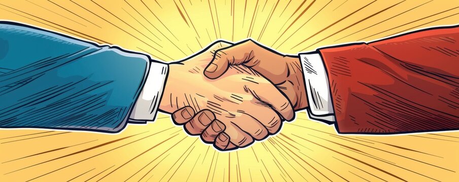 A comic-style illustration of a handshake between two superheroes, representing the alliance and teamwork in a playful, dynamic way