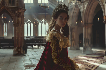A medieval queen in regal attire, holding court in a grand hall.


