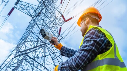 Power lineman using a voltage meter to test electricity flow on a transmission tower.