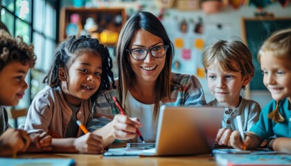 Female teacher with glasses and diverse students engaging in creative learning activities