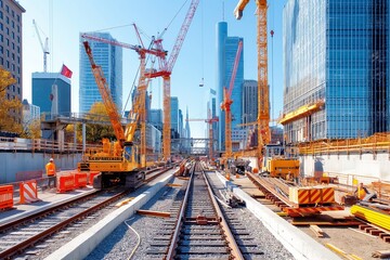 Bustling Urban Construction Site with Cranes and Workers