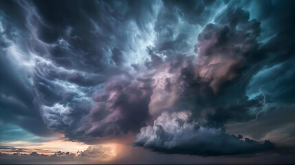 Obraz premium A bright huge storm cloud with lightning, a thunderous sky.
