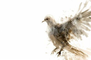 Fototapeta premium A white dove with outstretched wings is depicted in a watercolor painting style, appearing to be taking flight against a white background