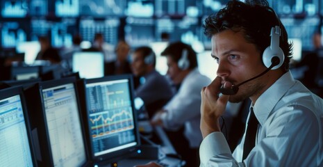 Focused businessman analyzing stock market data in a lively trading room