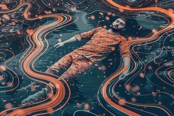 Obraz premium A man floats effortlessly on a surface of swirling, abstract patterns, his eyes closed and his expression serene