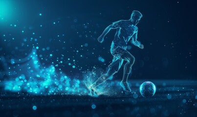 Obraz premium Futuristic digital illustration of a soccer player dribbling a ball with glowing blue effects