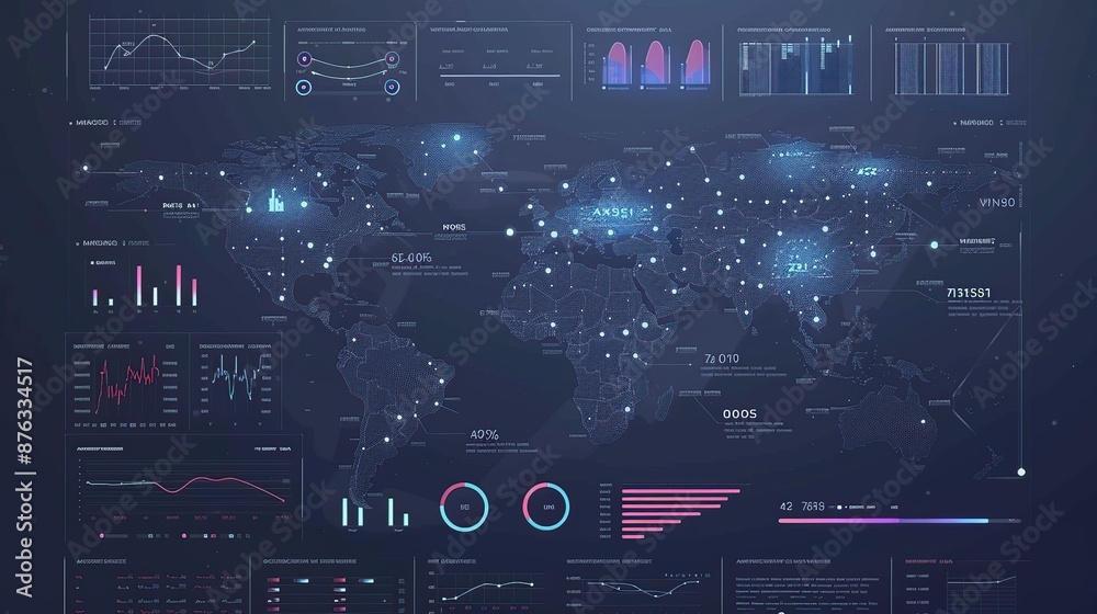Poster Futuristic world map with glowing dots and circuit board elements.