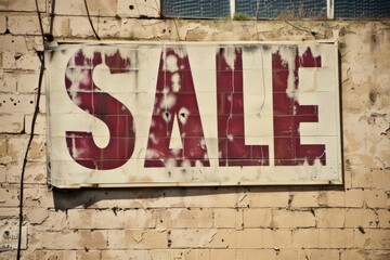 A weathered white sign with the word SALE in red letters, mounted on a brick wall. The sign is peeling and faded, showing signs of wear and age