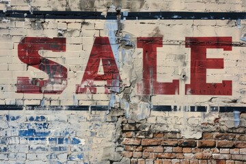 Fototapeta premium A red SALE sign is painted on a brick wall, showing the passage of time with its fading paint and chipped edges
