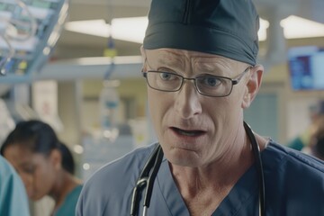 A doctor wearing scrubs and a surgical cap speaks with urgency and concern in an emergency room setting