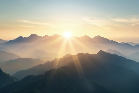 A sunrise over a mountain range, with the first light of dawn illuminating the peaks and valleys, casting a warm and inspiring glow on the podium
