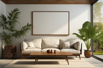 Lliving room with blank white poster for mockup, interior design inspiration, trendy home decor ideas, and minimalist aesthetic