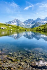 A tranquil mountain lake reflecting the surrounding peaks and a clear blue sky, providing a calming and beautiful setting for the podium