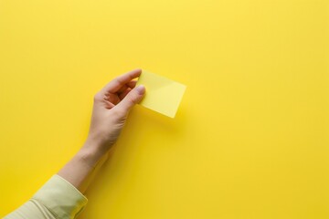 A hand extends towards the camera holding a yellow sticky note against a bright yellow background