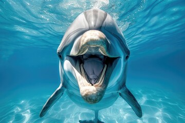 Obraz premium A dolphin with a wide open mouth swims through the crystal clear turquoise water, its teeth visible in the close-up shot