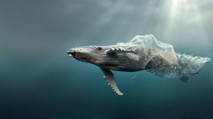 Naklejka premium Majestic Humpback Whale Caught in Discarded Plastic Pollution Environmental Disaster Impression