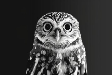 Fototapeta premium A black and white close-up portrait of an owl with large, round eyes, gazing directly at the camera