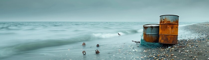 Naklejka premium Coastal Shoreline Littered With Abandoned Waste Impacting Wildlife and Habitats