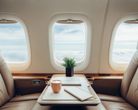 Closeup of business passengers having a meeting in a private jet, business passengers, inflight collaboration