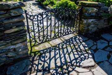 A black wrought iron gate stands open, casting a shadow on a stone path leading through a lush garden