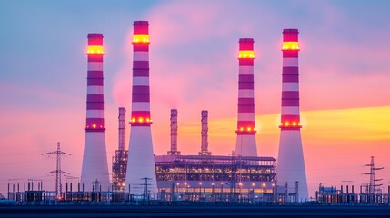 Obraz premium Illustrate the energy dynamics of urban life with images of power plants, refineries, and technological advancements shaping modern cityscapes. Clean and Clear Color, Realistic Photo, , Minimalism,