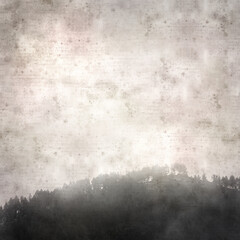 stylish textured old paper square background with a Hill with pine tres in a mist