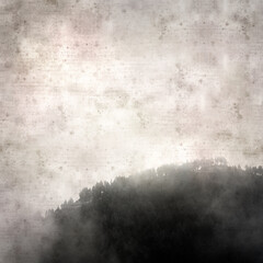 Fototapeta premium stylish textured old paper square background with a Hill with pine tres in a mist