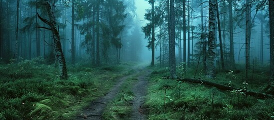 Fototapeta premium Mysterious foggy forest path with vibrant green moss and towering trees