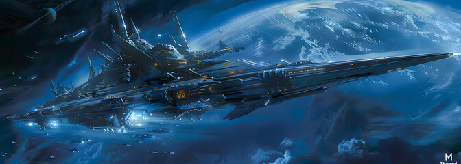 Spaceship or large space colony A massive spaceship or colony above a planetary terrain. Planet in background design