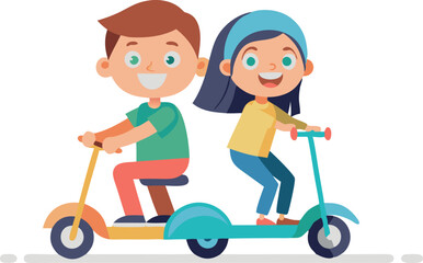Happy Kids Riding Scooter Together on White Background