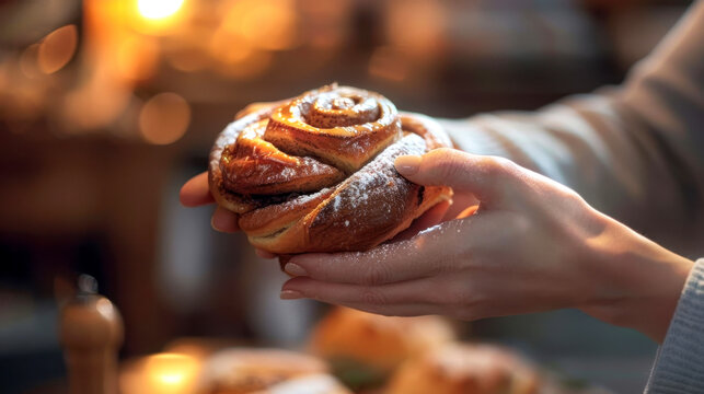 Closeup of hands holding freshly baked fika bun or cinnamon roll dusted with powdered sugar. warm, inviting ambiance in background enhances cozy winter bakery vibe.