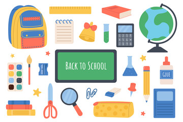 school supplies set of items, education design elements, stickers, back to school, backpack, schoolbag, ruler, chalkboard, palette, textbook, scissors, calculator, globe, bell, notepad, pencil, pin