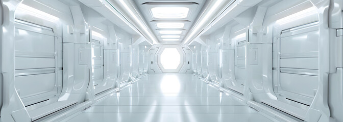 Fototapeta premium Space station sci-fi-style corridor or hallway, leading to a door design. White clean illuminated walls, ultra-modern sci-fi design